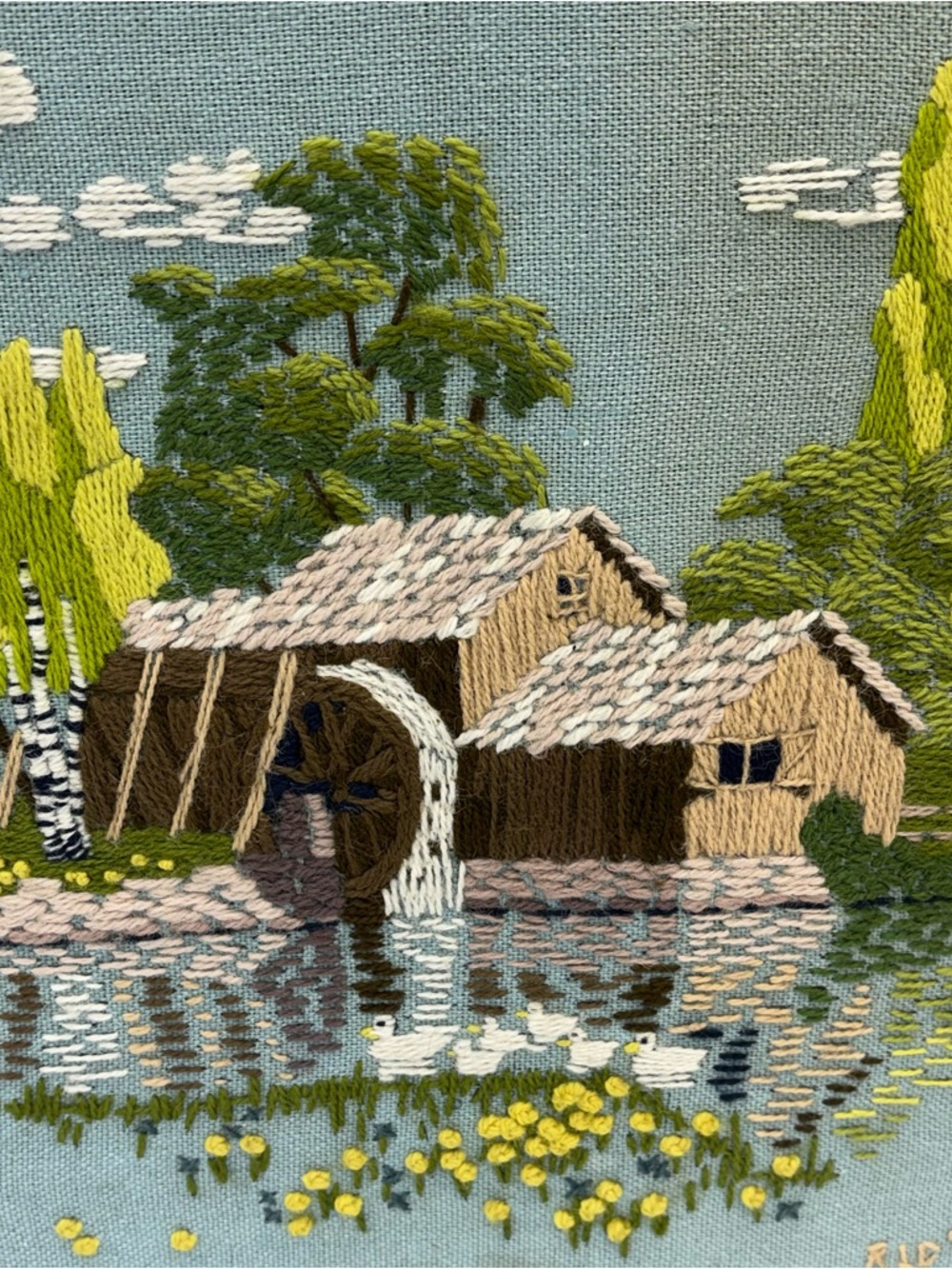 Vtg Framed Needlepoint Picture Crewel Of Dutch Grist Mill Ducks Flowers Cottage - Picture 3 of 9